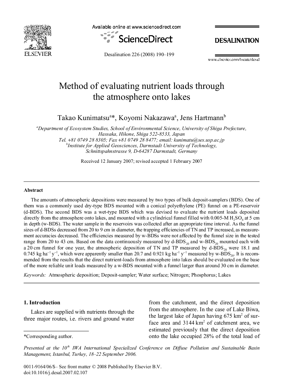 Method of evaluating nutrient loads through the atmosphere onto lakes