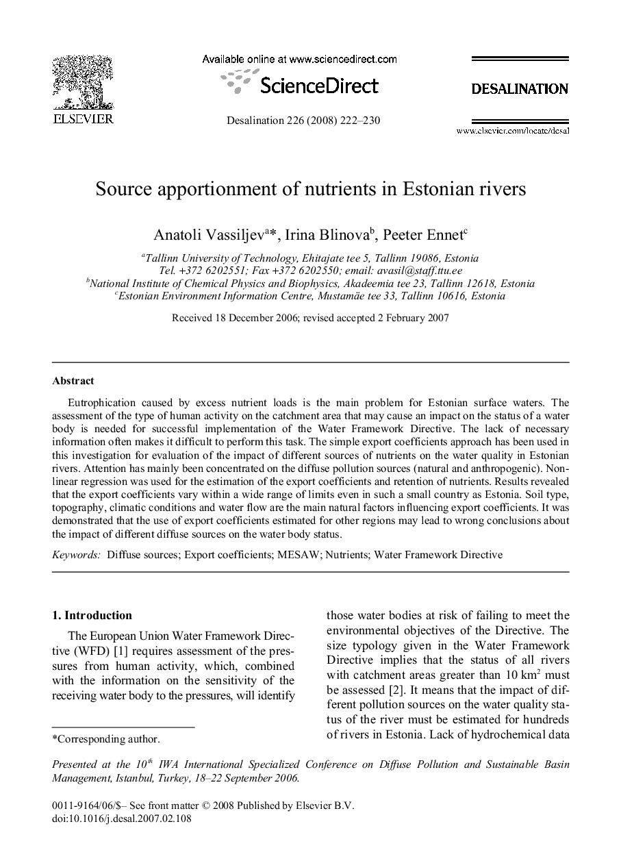 Source apportionment of nutrients in Estonian rivers