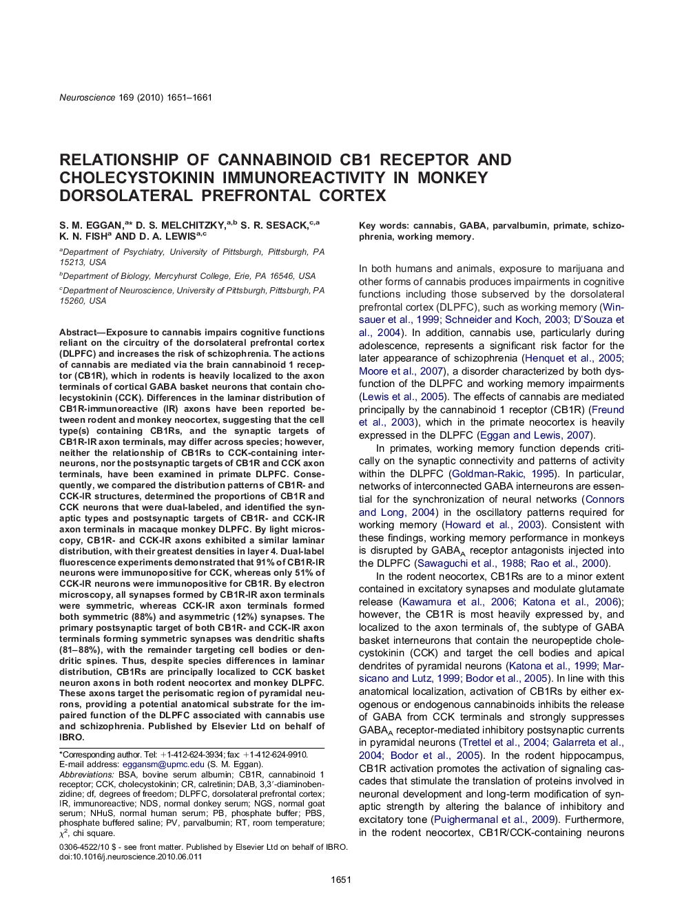 Relationship of cannabinoid CB1 receptor and cholecystokinin immunoreactivity in monkey dorsolateral prefrontal cortex