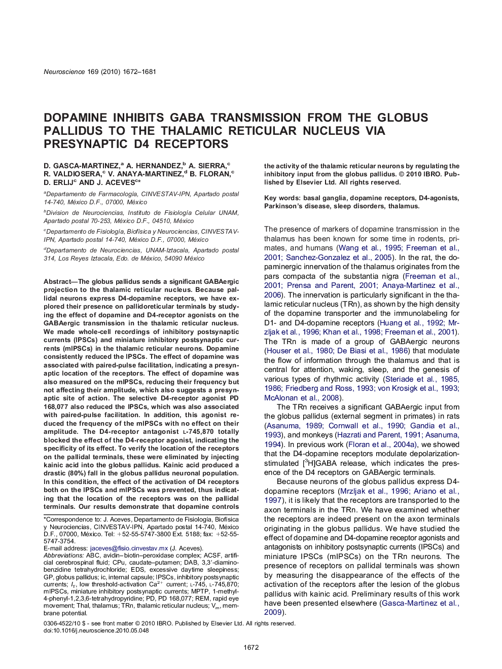 Dopamine inhibits GABA transmission from the globus pallidus to the thalamic reticular nucleus via presynaptic D4 receptors