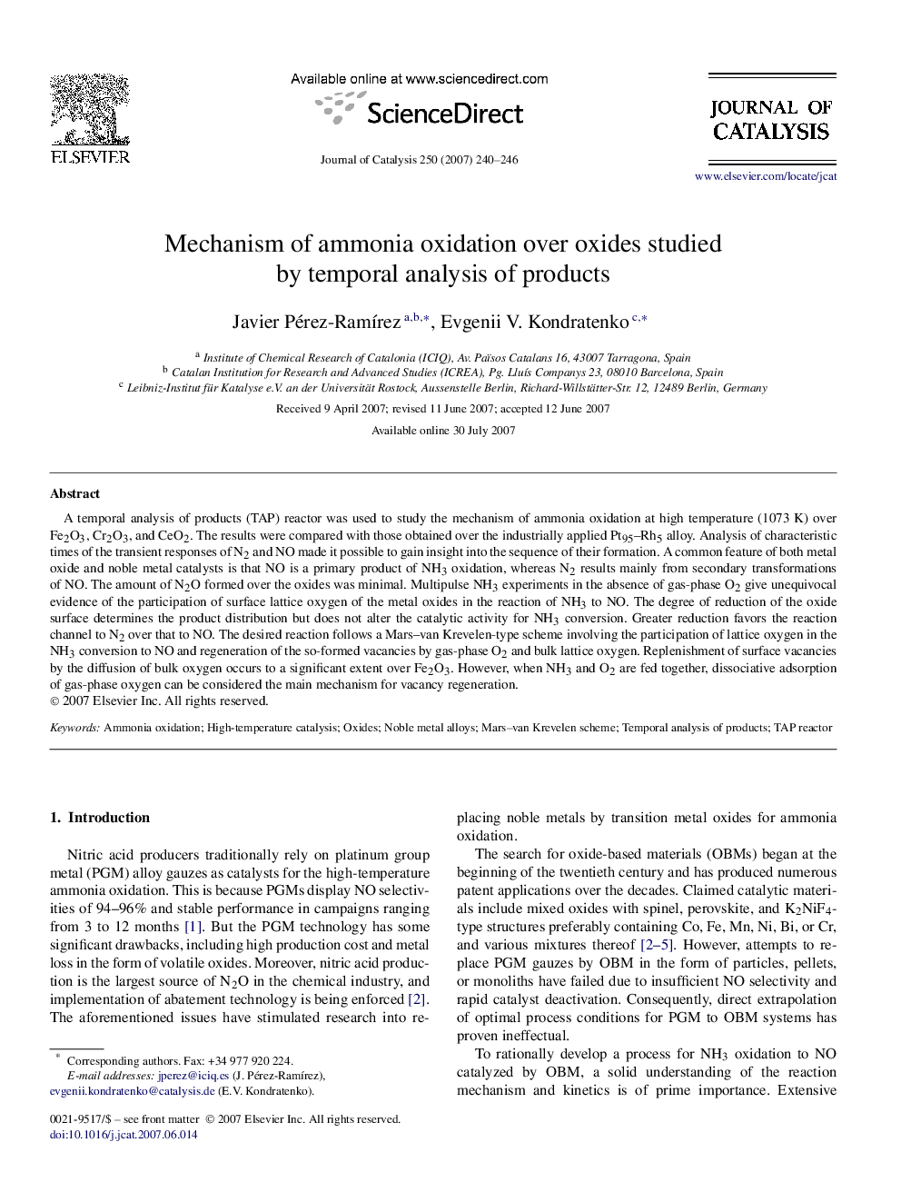 Mechanism of ammonia oxidation over oxides studied by temporal analysis of products