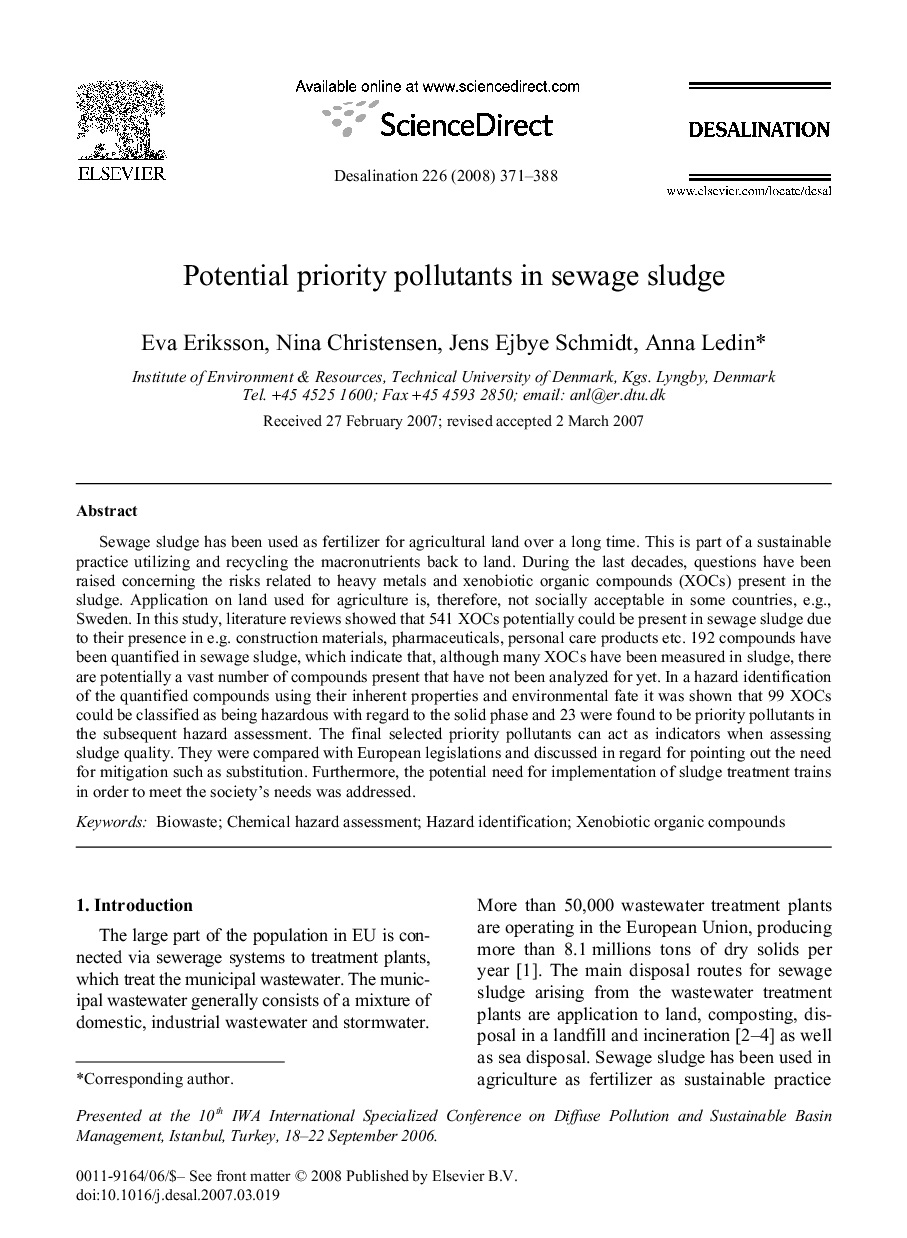 Potential priority pollutants in sewage sludge