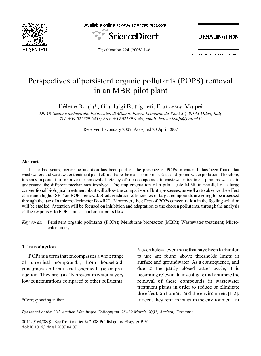 Perspectives of persistent organic pollutants (POPS) removal in an MBR pilot plant