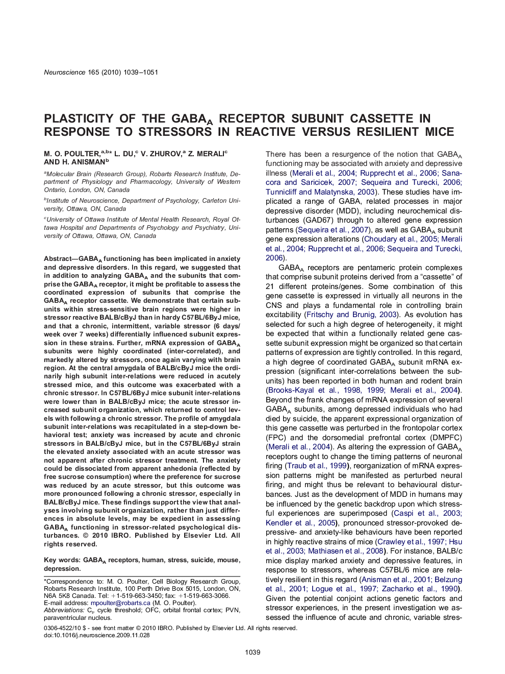 Plasticity of the GABAA receptor subunit cassette in response to stressors in reactive versus resilient mice