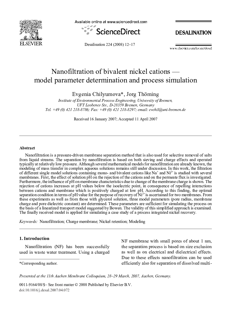 Nanofiltration of bivalent nickel cations — model parameter determination and process simulation