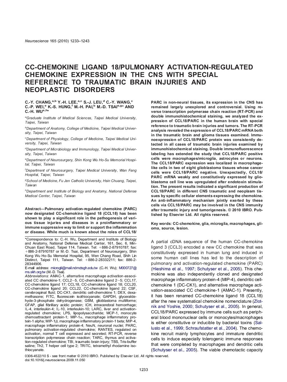 CC-chemokine ligand 18/pulmonary activation-regulated chemokine expression in the CNS with special reference to traumatic brain injuries and neoplastic disorders