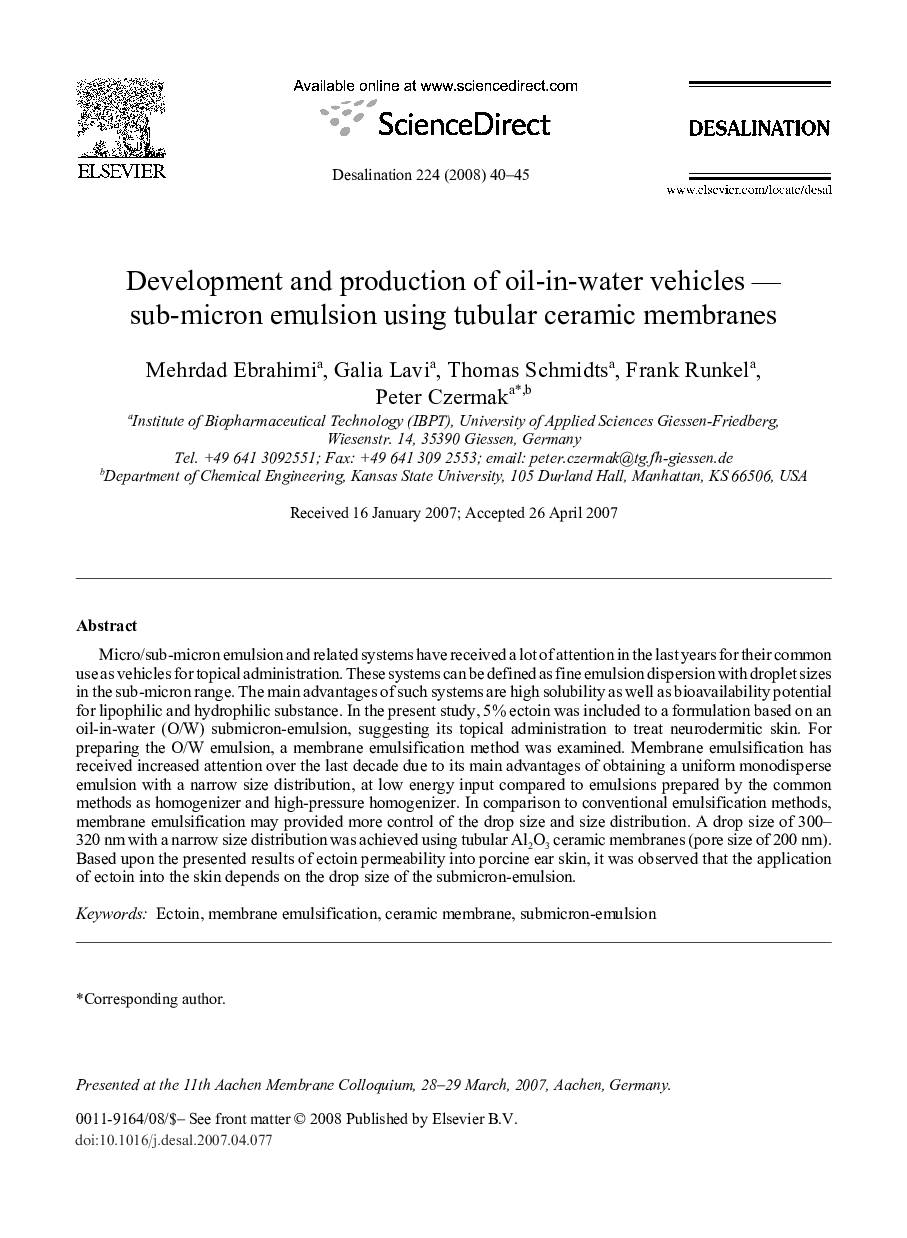 Development and production of oil-in-water vehicles — sub-micron emulsion using tubular ceramic membranes