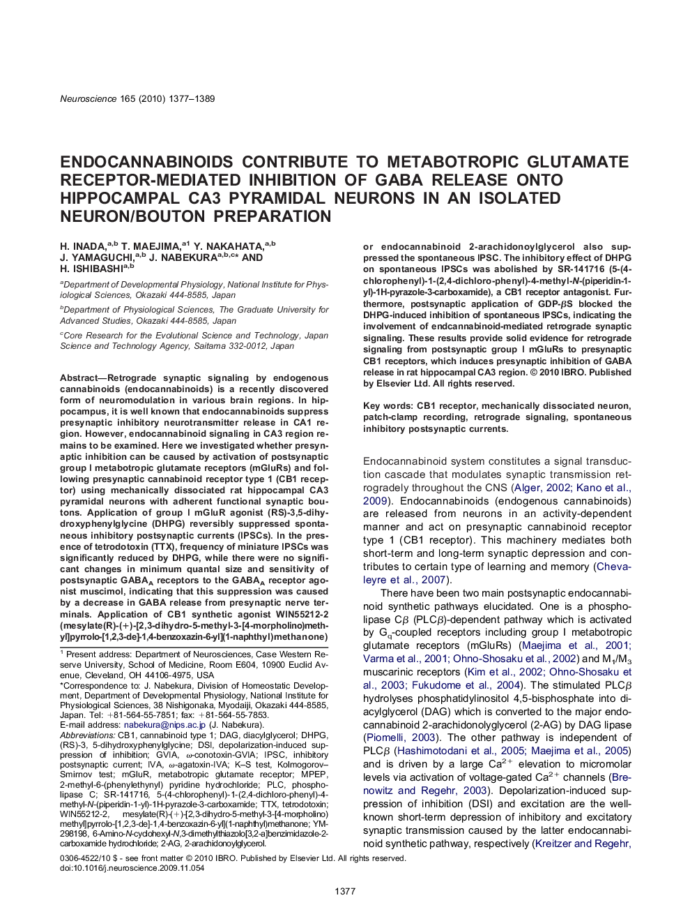 Endocannabinoids contribute to metabotropic glutamate receptor-mediated inhibition of GABA release onto hippocampal CA3 pyramidal neurons in an isolated neuron/bouton preparation