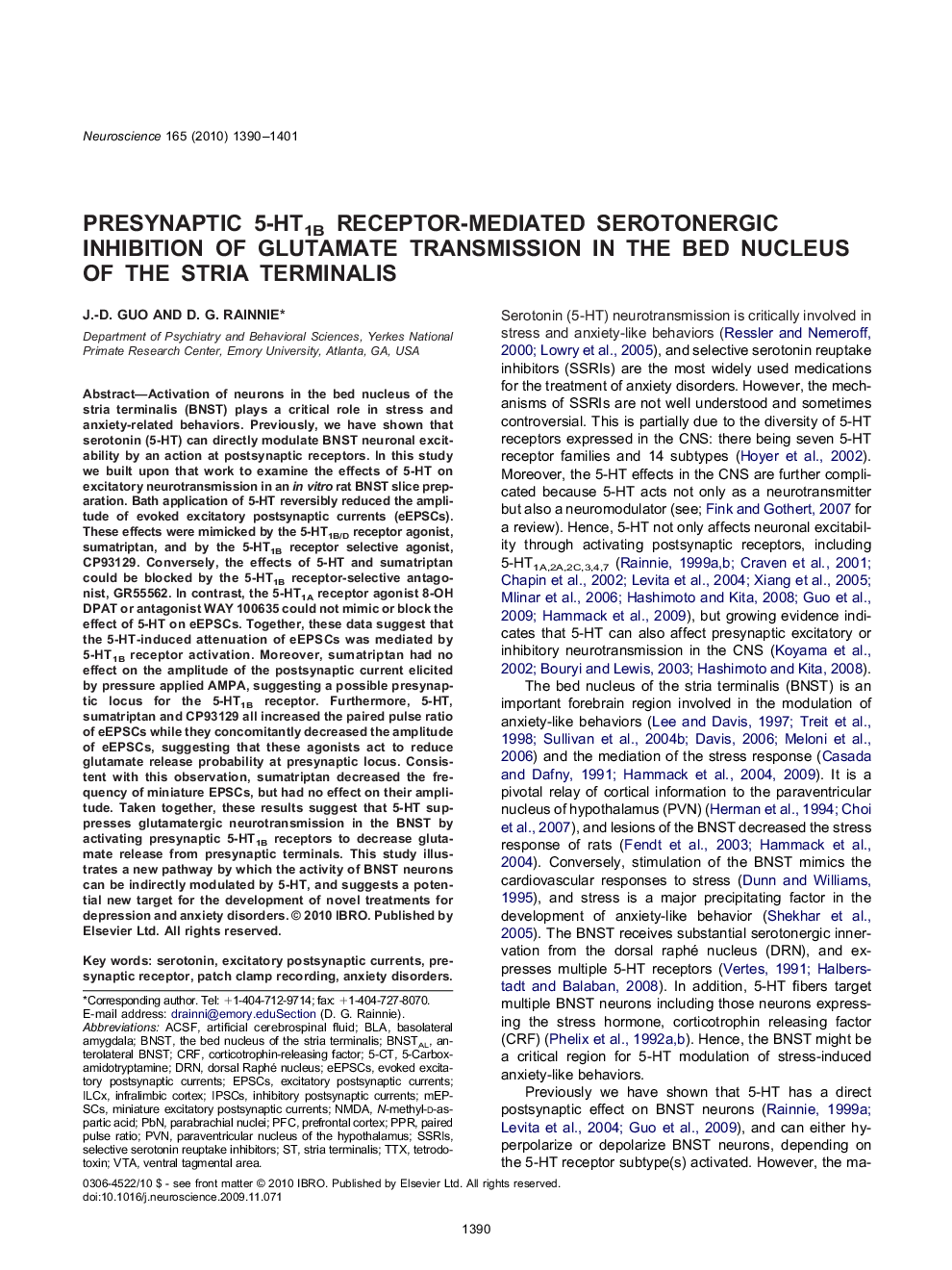 NeuropharmacologyResearch PaperPresynaptic 5-HT1B receptor-mediated serotonergic inhibition of glutamate transmission in the bed nucleus of the stria terminalis