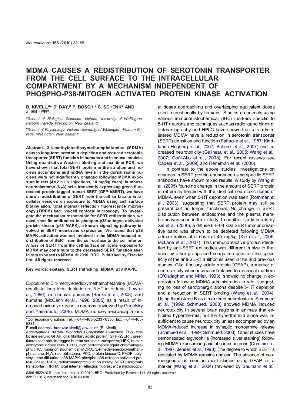 MDMA causes a redistribution of serotonin transporter from the cell surface to the intracellular compartment by a mechanism independent of phospho-p38-mitogen activated protein kinase activation