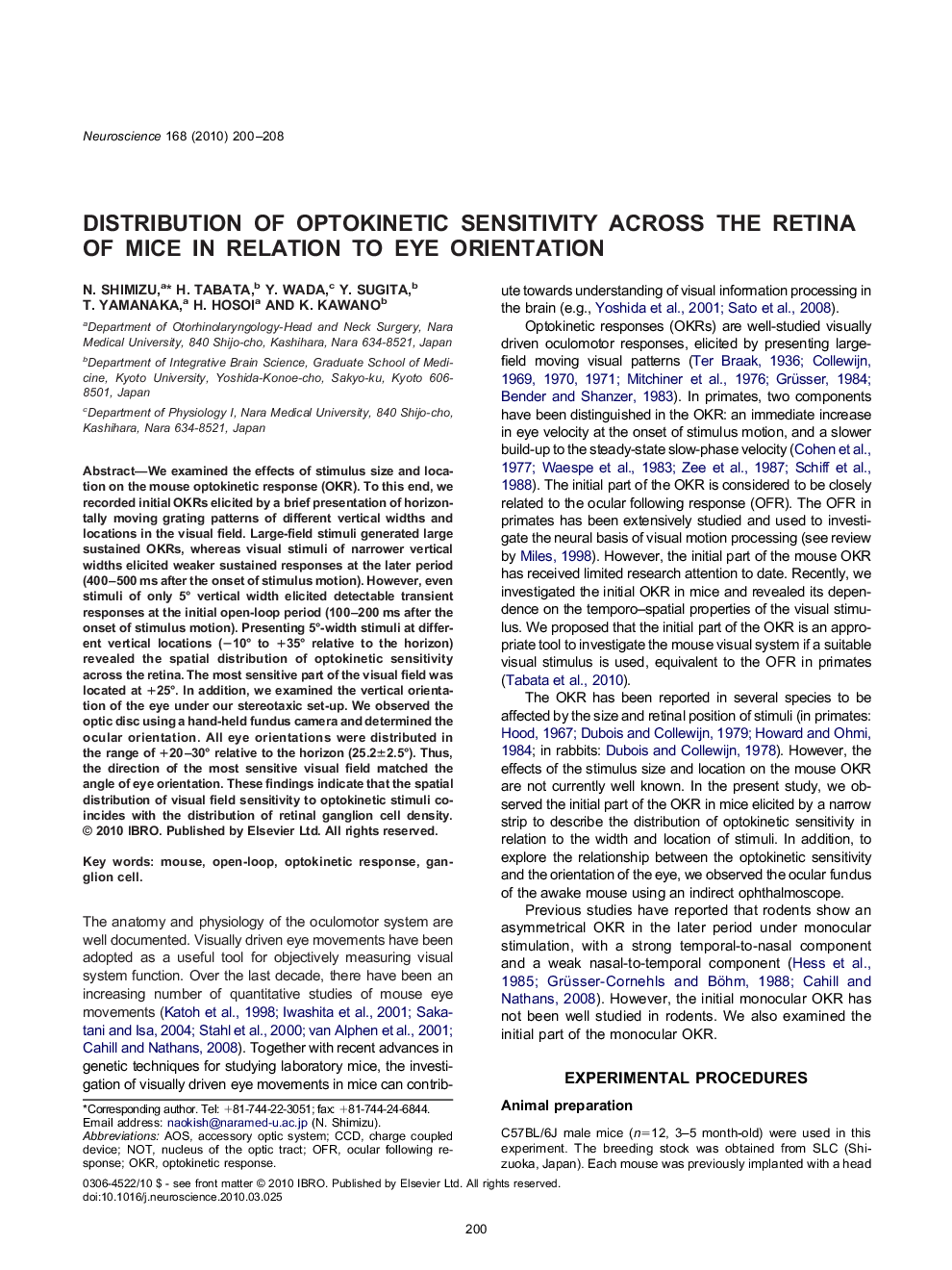 Distribution of optokinetic sensitivity across the retina of mice in relation to eye orientation