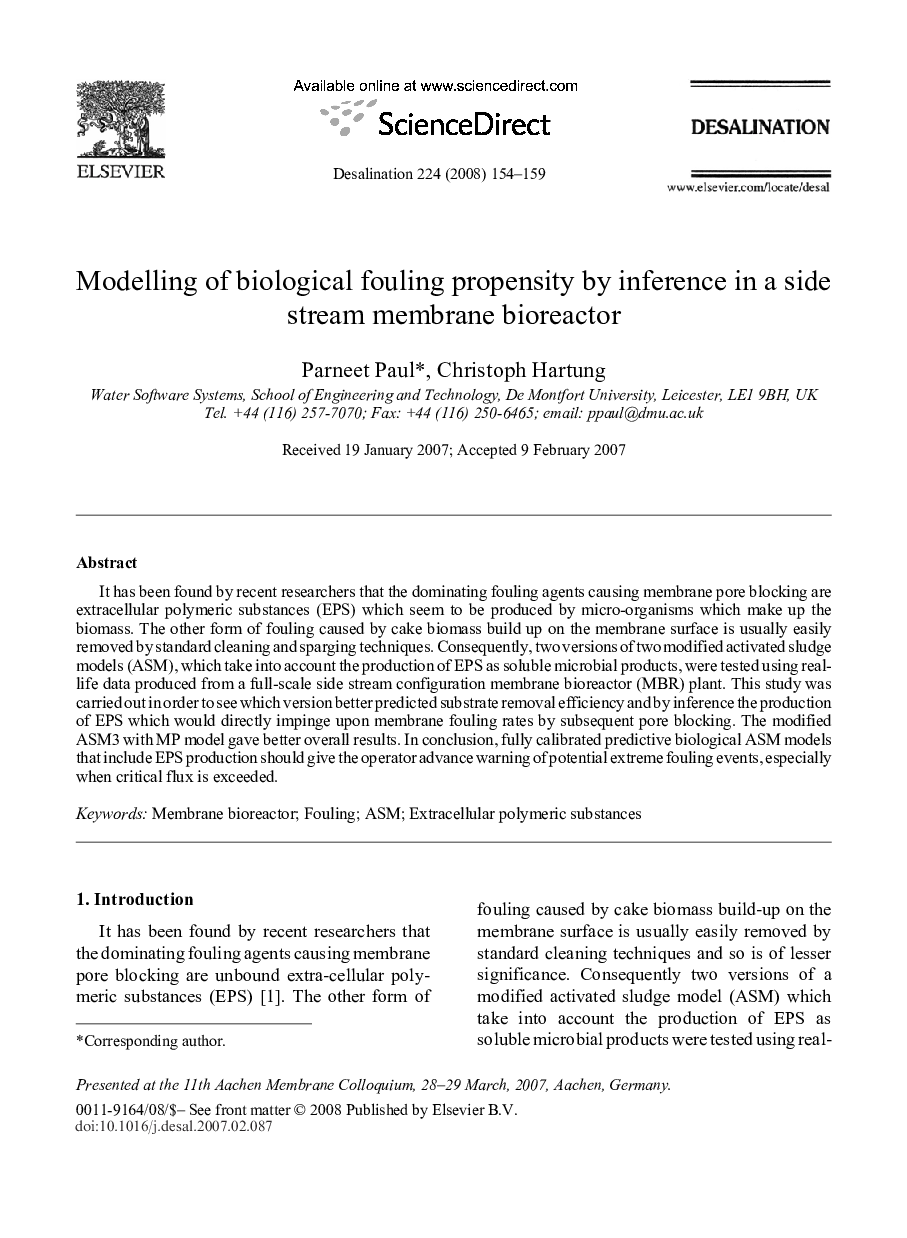 Modelling of biological fouling propensity by inference in a side stream membrane bioreactor