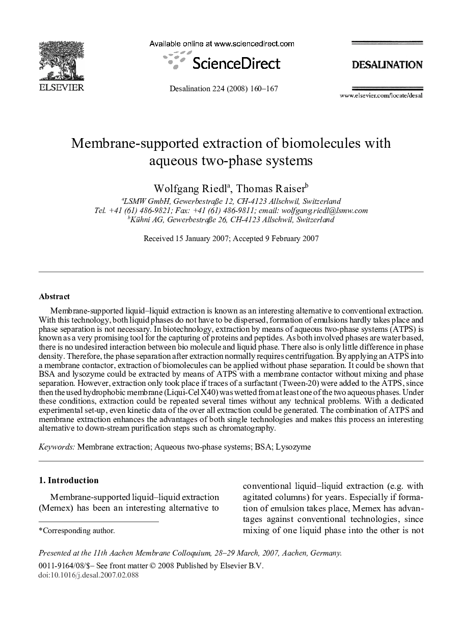 Membrane-supported extraction of biomolecules with aqueous two-phase systems