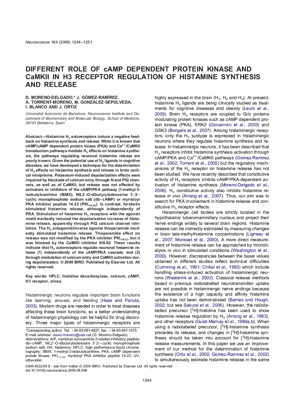 Different role of cAMP dependent protein kinase and CaMKII in H3 receptor regulation of histamine synthesis and release