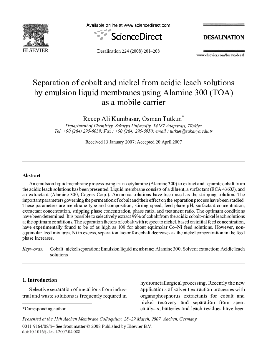 Separation of cobalt and nickel from acidic leach solutions by emulsion liquid membranes using Alamine 300 (TOA) as a mobile carrier