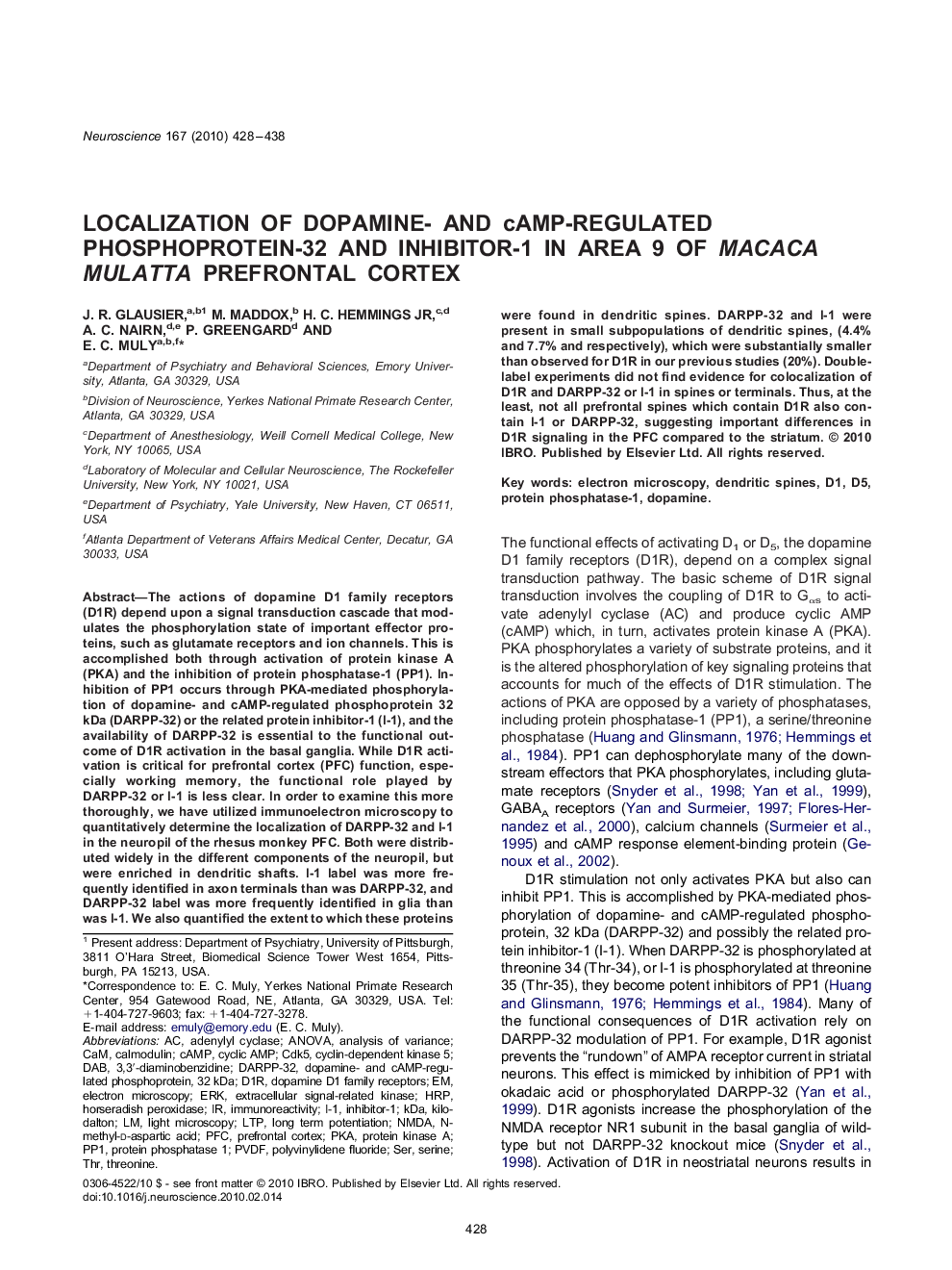 Localization of dopamine- and cAMP-regulated phosphoprotein-32 and inhibitor-1 in area 9 of Macaca mulatta prefrontal cortex