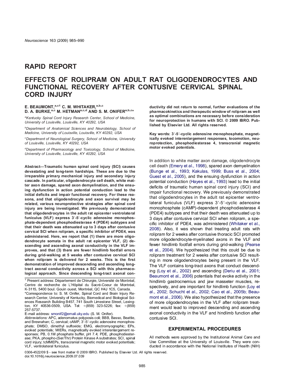 Effects of rolipram on adult rat oligodendrocytes and functional recovery after contusive cervical spinal cord injury