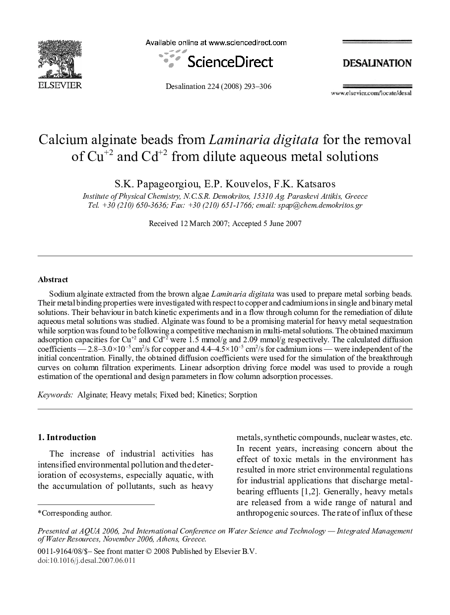 Calcium alginate beads from Laminaria digitata for the removal of Cu+2 and Cd+2 from dilute aqueous metal solutions