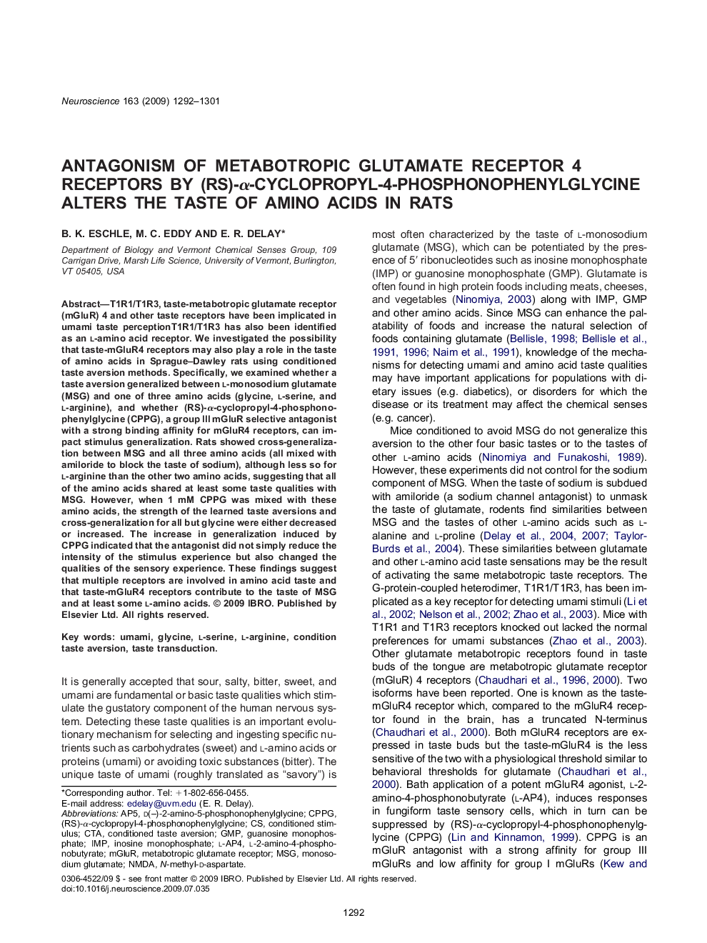 Antagonism of metabotropic glutamate receptor 4 receptors by (RS)-Î±-cyclopropyl-4-phosphonophenylglycine alters the taste of amino acids in rats