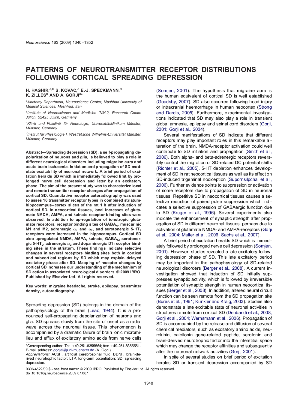 Patterns of neurotransmitter receptor distributions following cortical spreading depression