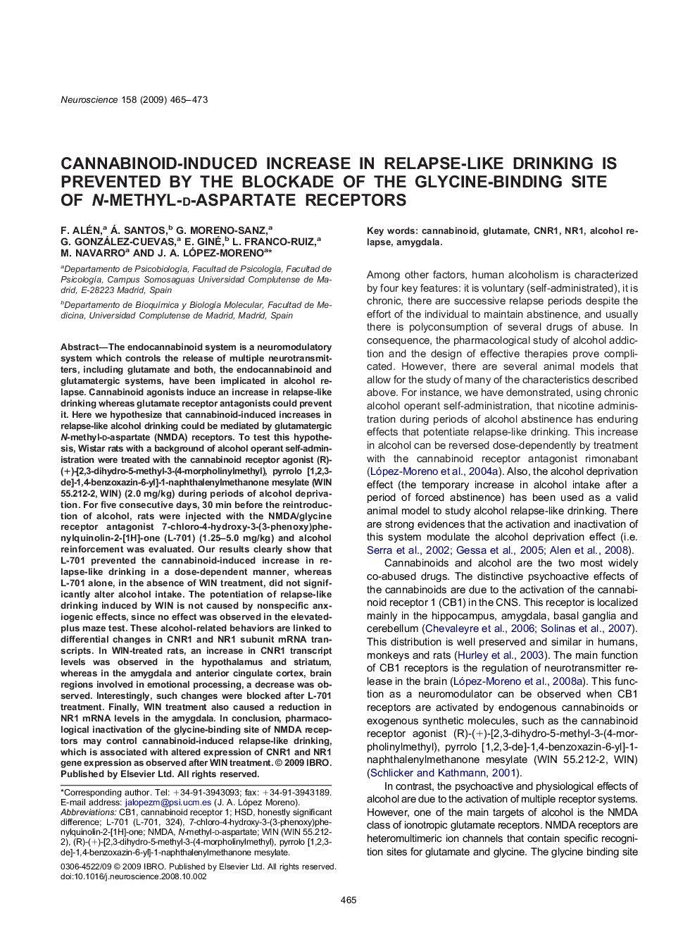 Behavioural NeuroscienceCannabinoid-induced increase in relapse-like drinking is prevented by the blockade of the glycine-binding site of N-methyl-d-aspartate receptors