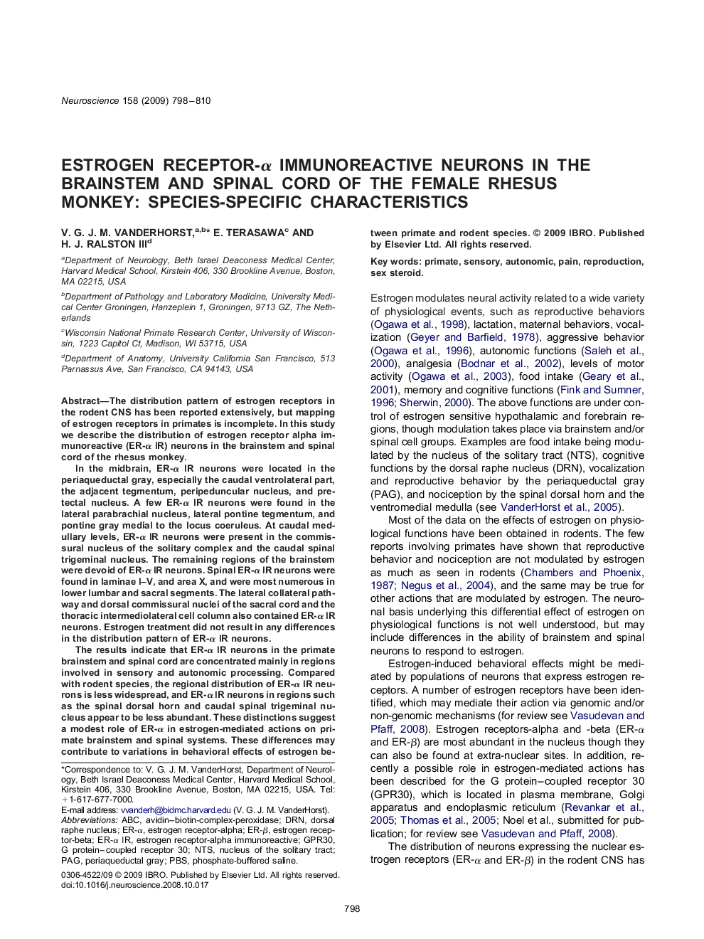 Estrogen receptor-Î± immunoreactive neurons in the brainstem and spinal cord of the female rhesus monkey: Species-specific characteristics