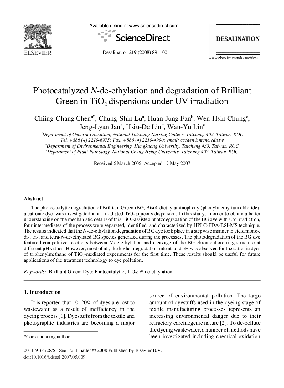 Photocatalyzed N-de-ethylation and degradation of Brilliant Green in TiO2 dispersions under UV irradiation