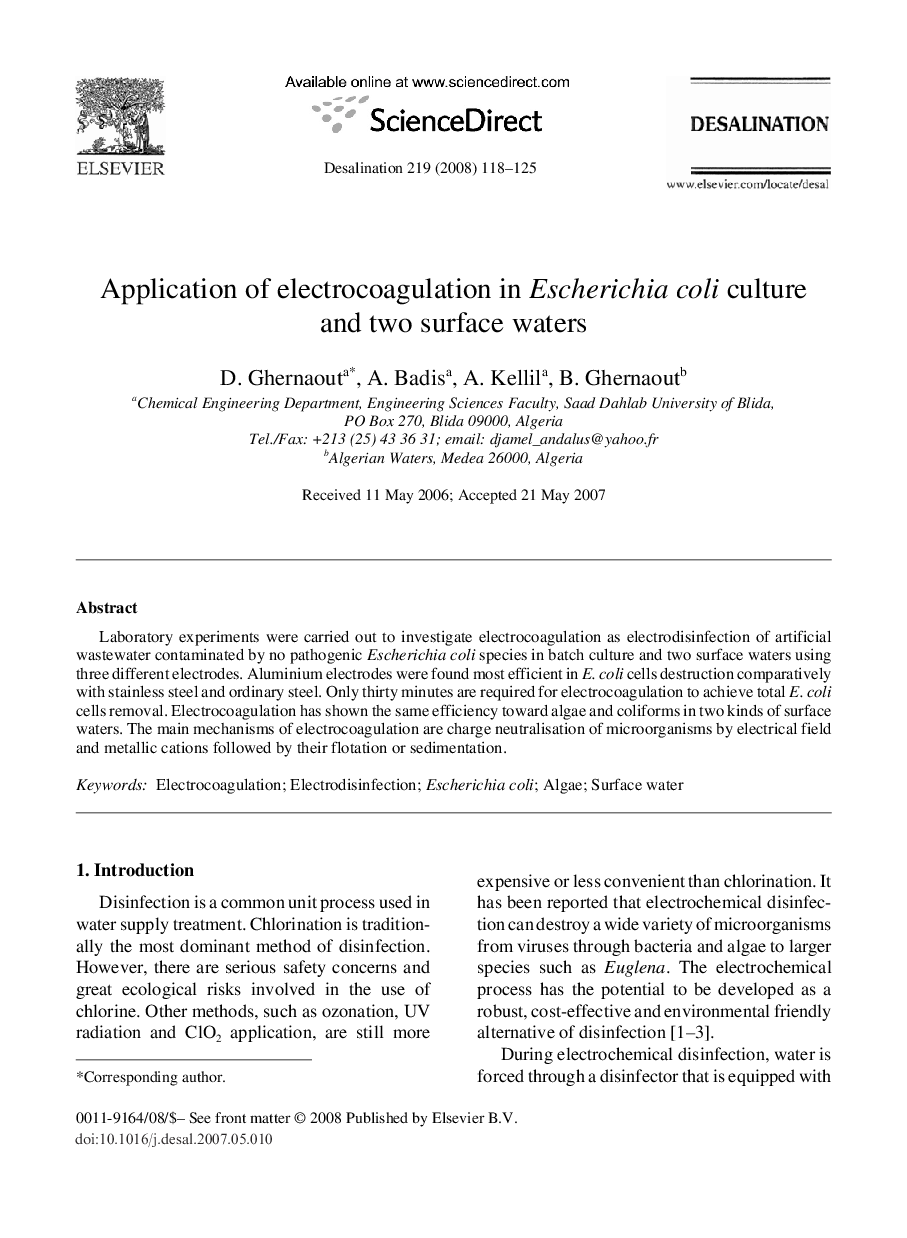 Application of electrocoagulation in Escherichia coli culture and two surface waters