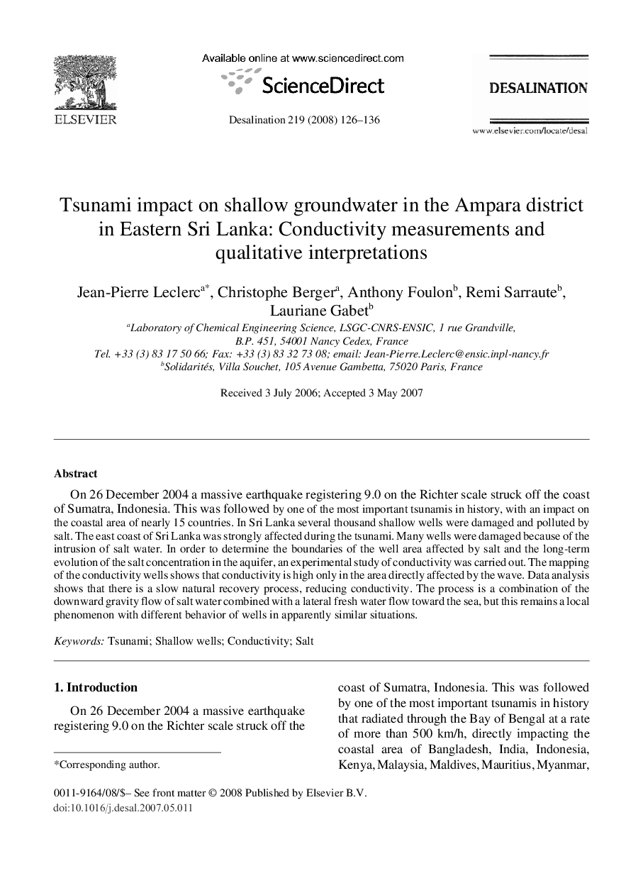 Tsunami impact on shallow groundwater in the Ampara district in Eastern Sri Lanka: Conductivity measurements and qualitative interpretations