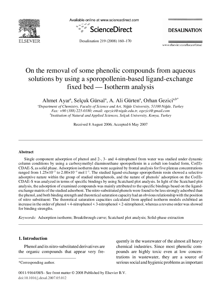 On the removal of some phenolic compounds from aqueous solutions by using a sporopollenin-based ligand-exchange fixed bed — Isotherm analysis