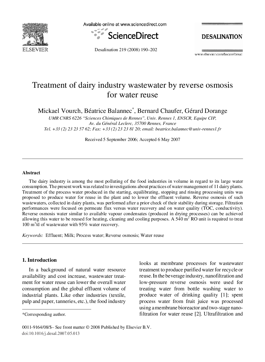 Treatment of dairy industry wastewater by reverse osmosis for water reuse