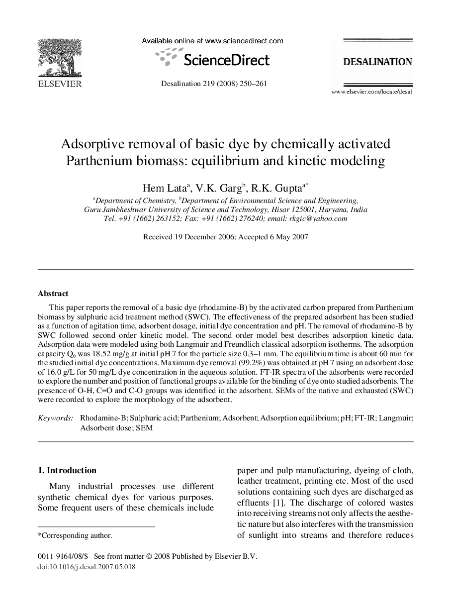 Adsorptive removal of basic dye by chemically activated Parthenium biomass: equilibrium and kinetic modeling