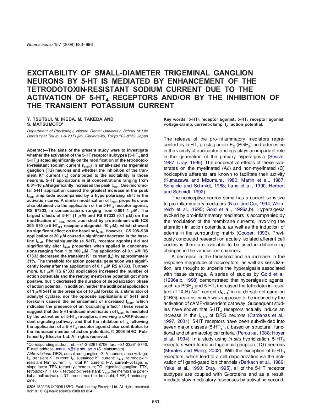 Excitability of small-diameter trigeminal ganglion neurons by 5-HT is mediated by enhancement of the tetrodotoxin-resistant sodium current due to the activation of 5-HT4 receptors and/or by the inhibition of the transient potassium current