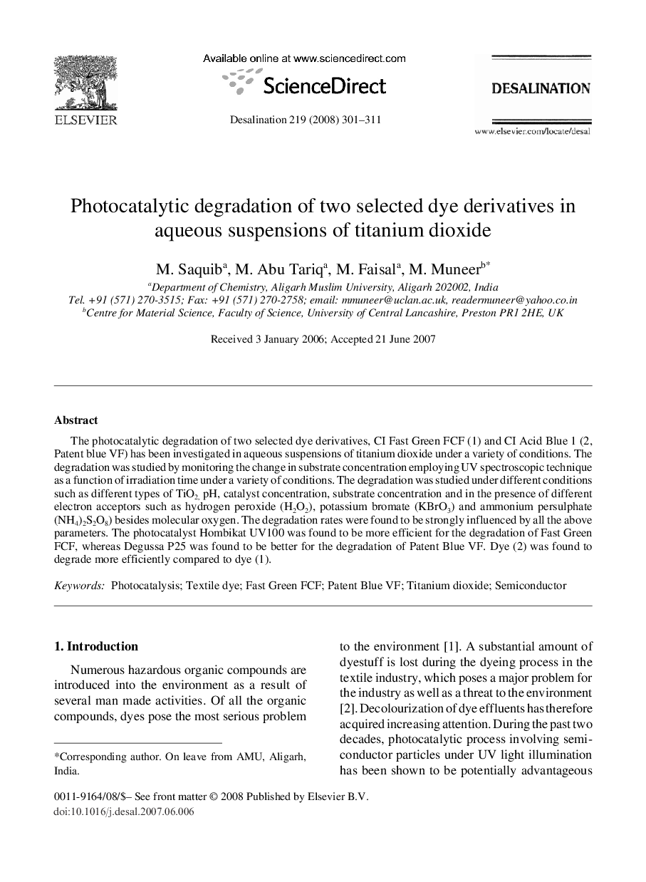 Photocatalytic degradation of two selected dye derivatives in aqueous suspensions of titanium dioxide