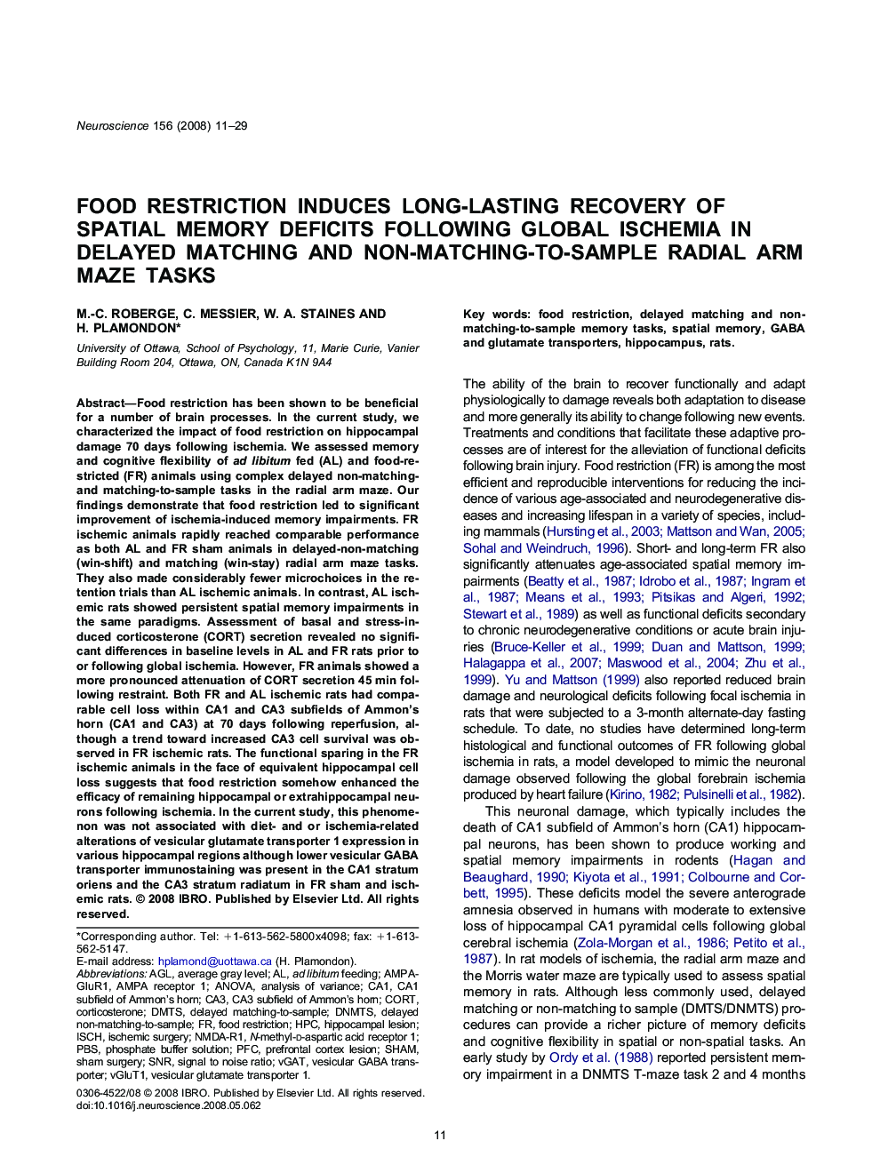 Food restriction induces long-lasting recovery of spatial memory deficits following global ischemia in delayed matching and non-matching-to-sample radial arm maze tasks