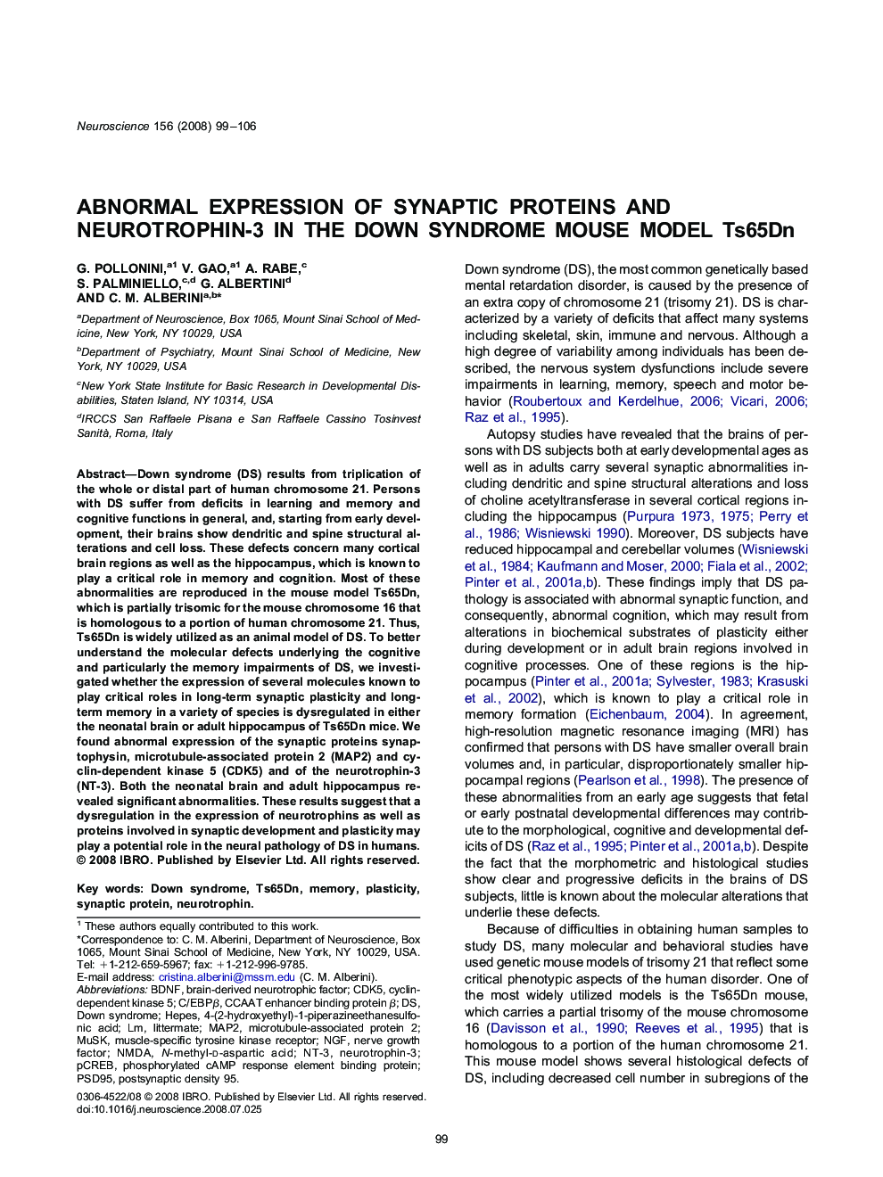 Abnormal expression of synaptic proteins and neurotrophin-3 in the down syndrome mouse model Ts65Dn