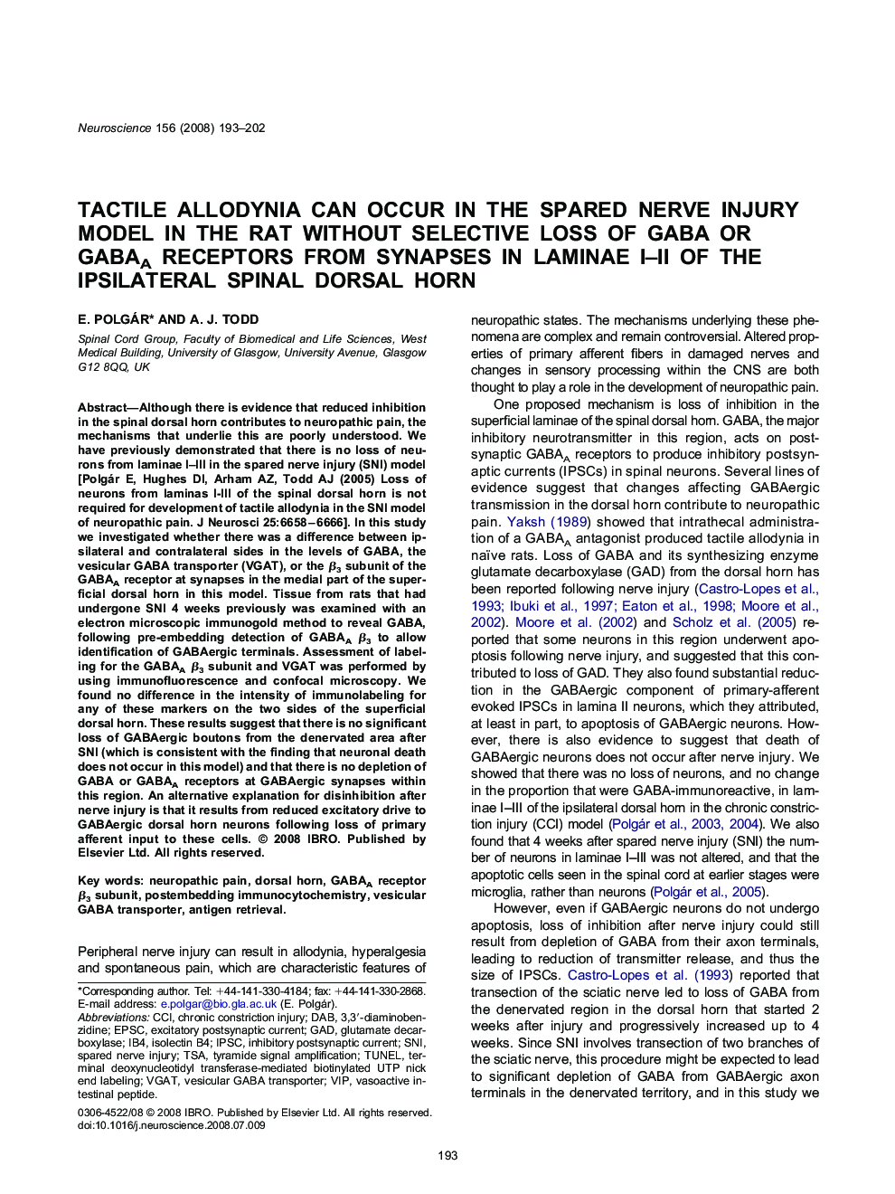 Tactile allodynia can occur in the spared nerve injury model in the rat without selective loss of GABA or GABAA receptors from synapses in laminae I-II of the ipsilateral spinal dorsal horn