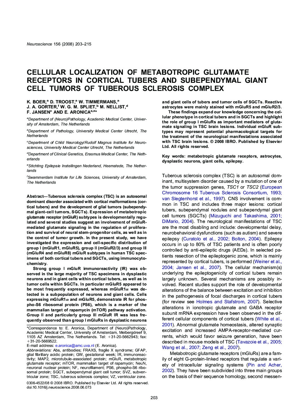Systems neuroscienceCellular localization of metabotropic glutamate receptors in cortical tubers and subependymal giant cell tumors of tuberous sclerosis complex