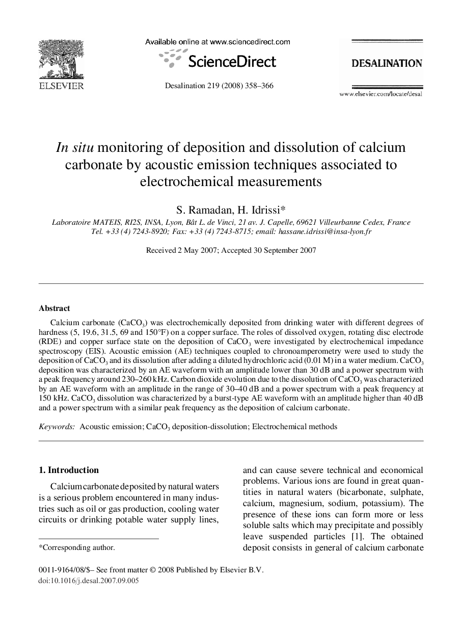 عکس صفحه اول مقاله: In situ monitoring of deposition and dissolution of calcium carbonate by acoustic emission techniques associated to electrochemical measurements In situ monitoring of deposition and dissolution of calcium carbonate by acoustic emission techniques associated to electrochemical measurements