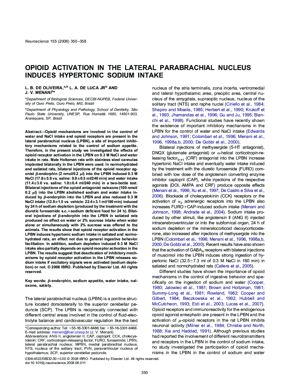 Opioid activation in the lateral parabrachial nucleus induces hypertonic sodium intake