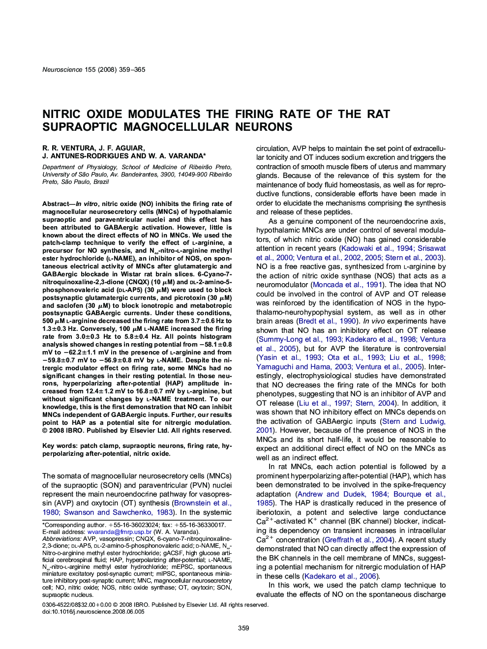 Nitric oxide modulates the firing rate of the rat supraoptic magnocellular neurons