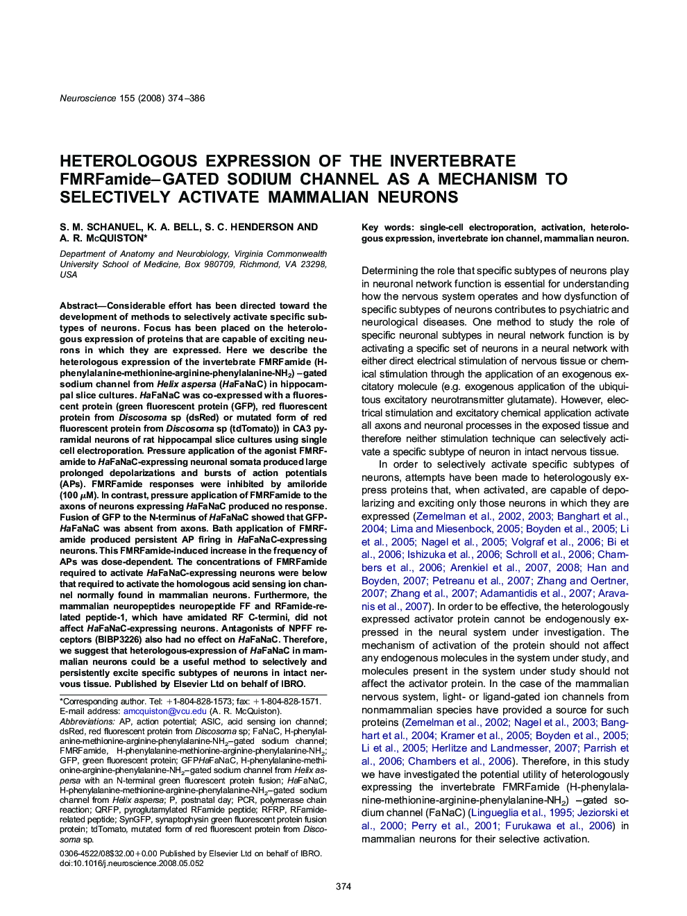 Heterologous expression of the invertebrate FMRFamide-gated sodium channel as a mechanism to selectively activate mammalian neurons