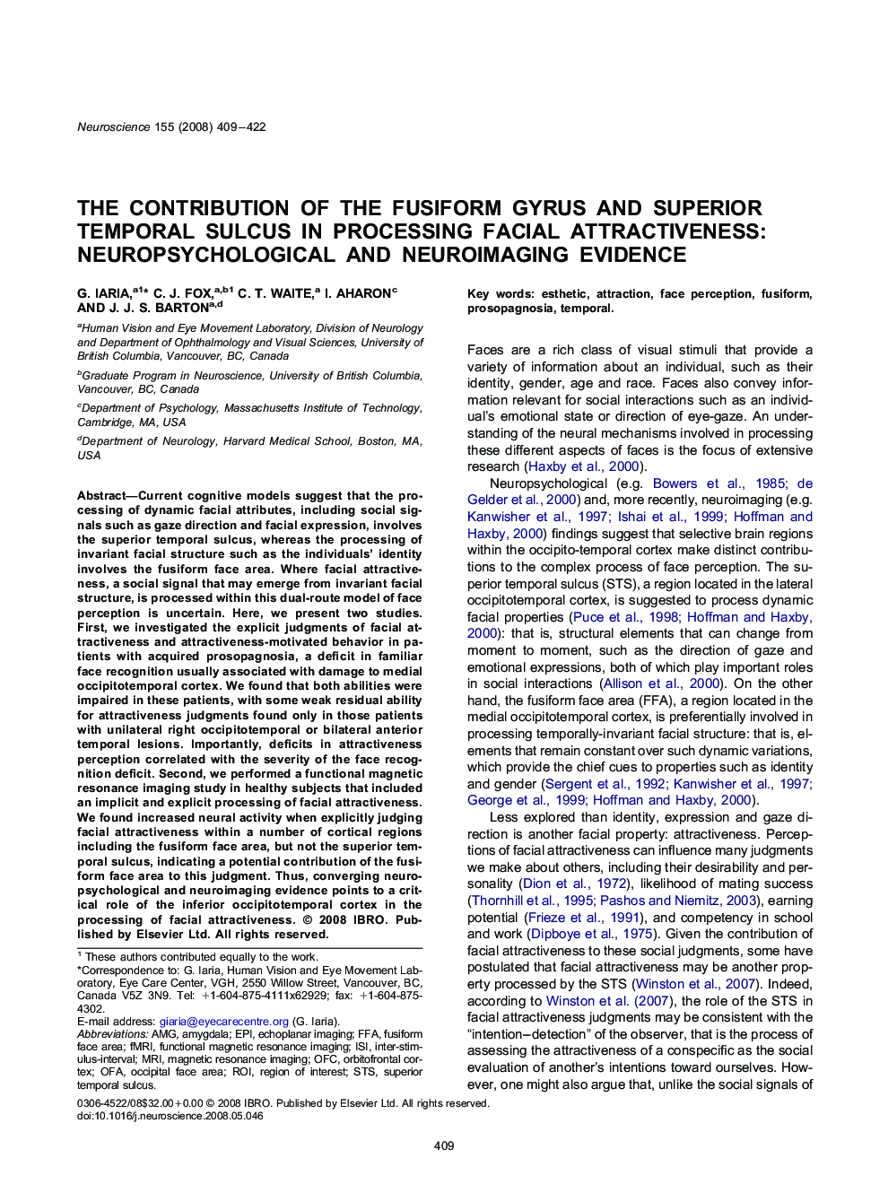 The contribution of the fusiform gyrus and superior temporal sulcus in processing facial attractiveness: Neuropsychological and neuroimaging evidence