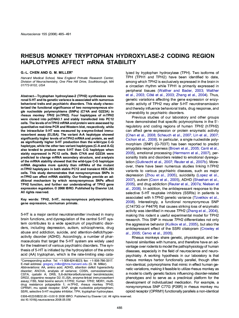 Rhesus monkey tryptophan hydroxylase-2 coding region haplotypes affect mRNA stability