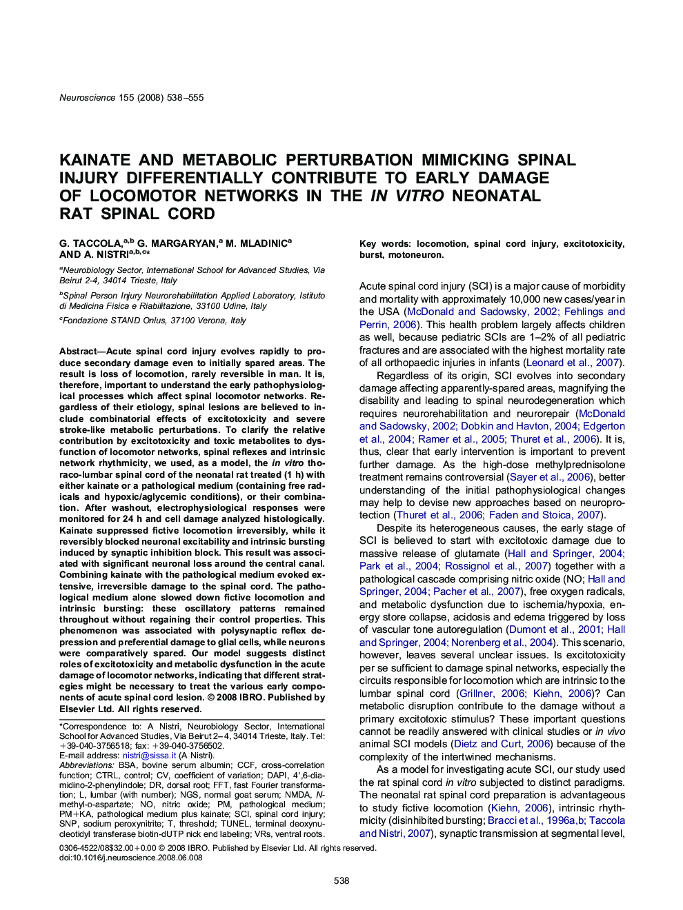 Kainate and metabolic perturbation mimicking spinal injury differentially contribute to early damage of locomotor networks in the in vitro neonatal rat spinal cord