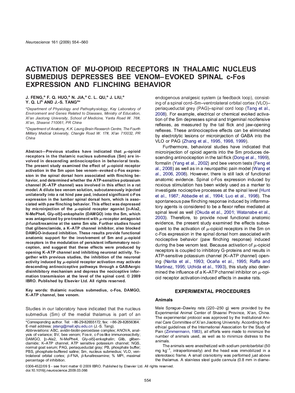 Activation of mu-opioid receptors in thalamic nucleus submedius depresses bee venom-evoked spinal c-Fos expression and flinching behavior