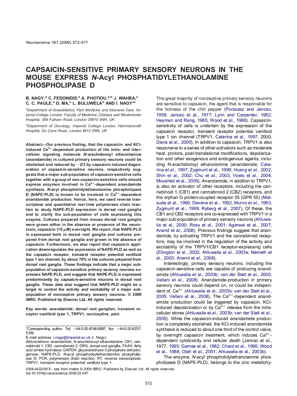 Capsaicin-sensitive primary sensory neurons in the mouse express N-Acyl phosphatidylethanolamine phospholipase D