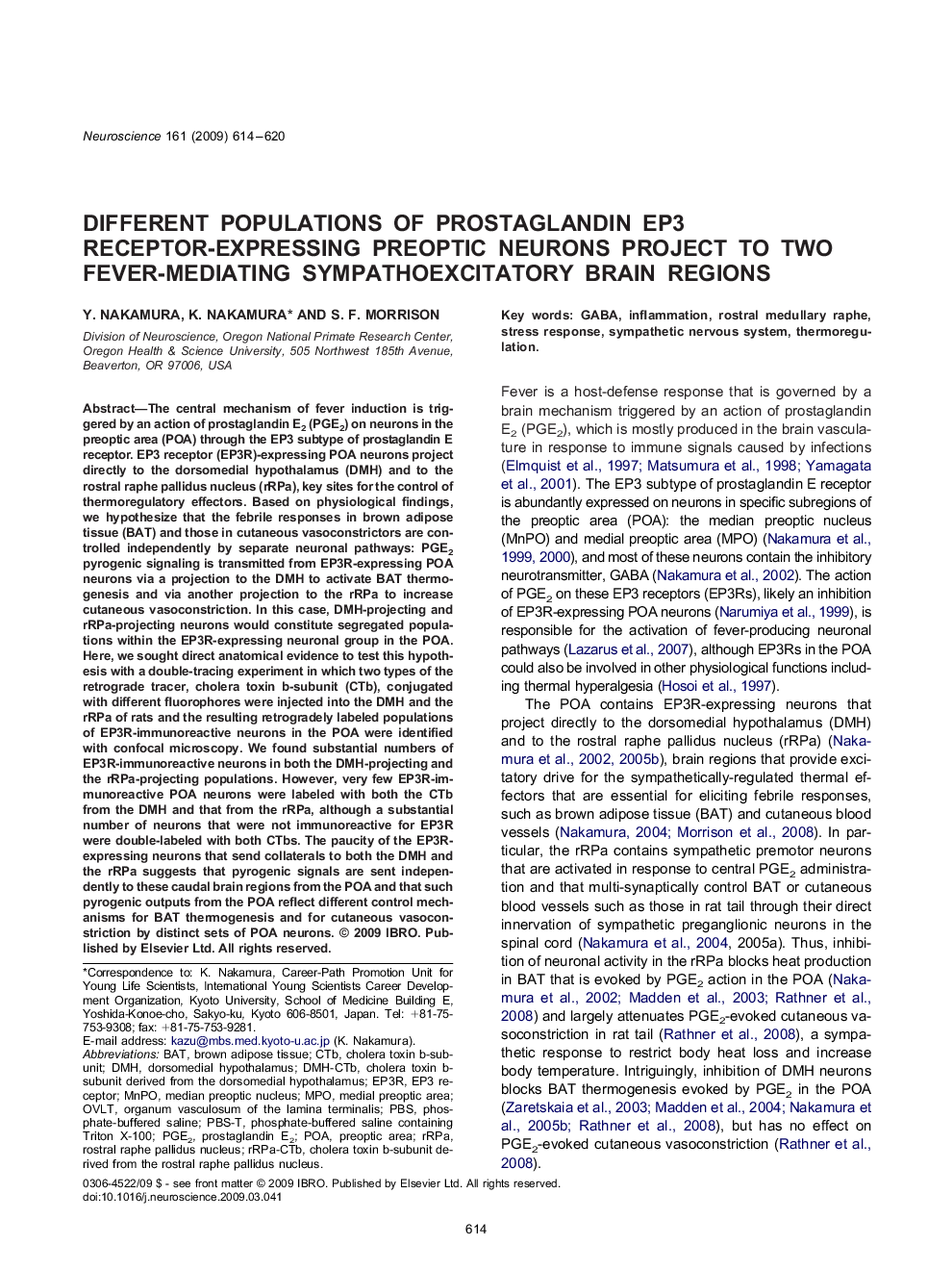 Different populations of prostaglandin EP3 receptor-expressing preoptic neurons project to two fever-mediating sympathoexcitatory brain regions