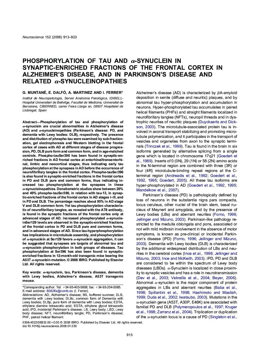 Phosphorylation of tau and Î±-synuclein in synaptic-enriched fractions of the frontal cortex in Alzheimer's disease, and in Parkinson's disease and related Î±-synucleinopathies