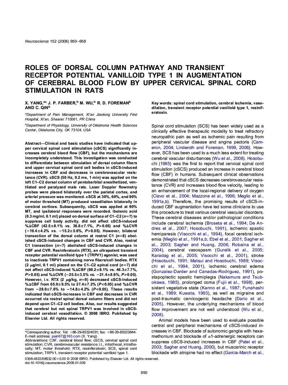 Roles of dorsal column pathway and transient receptor potential vanilloid type 1 in augmentation of cerebral blood flow by upper cervical spinal cord stimulation in rats